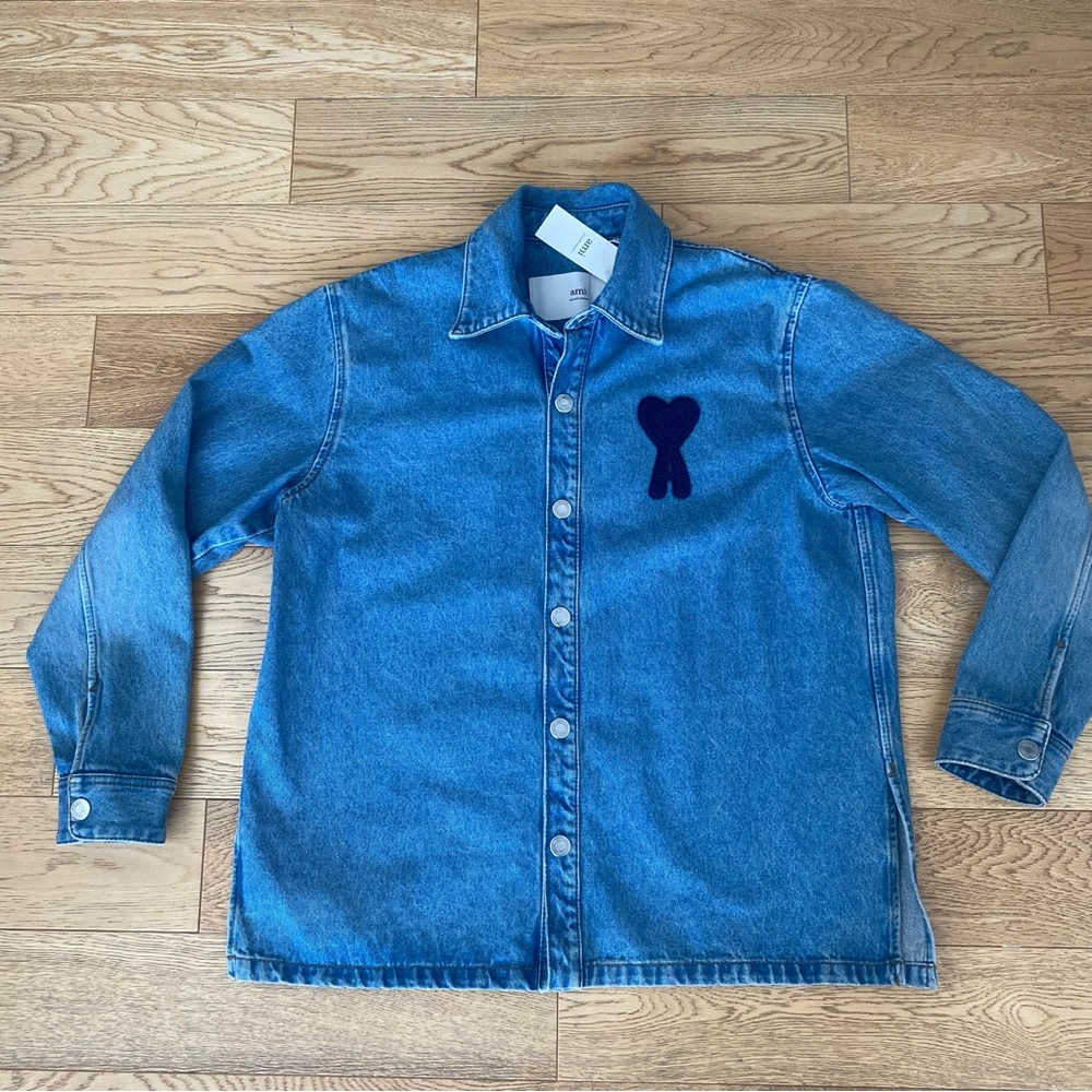 Ami Paris Coeur Denim Overshirt Button Down Shirt Oversized Heart Blue Jean M
